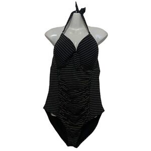 SWIMSUITS FOR ALL Size 24 One Piece Halter top Black Pinstriped Swim Sexy